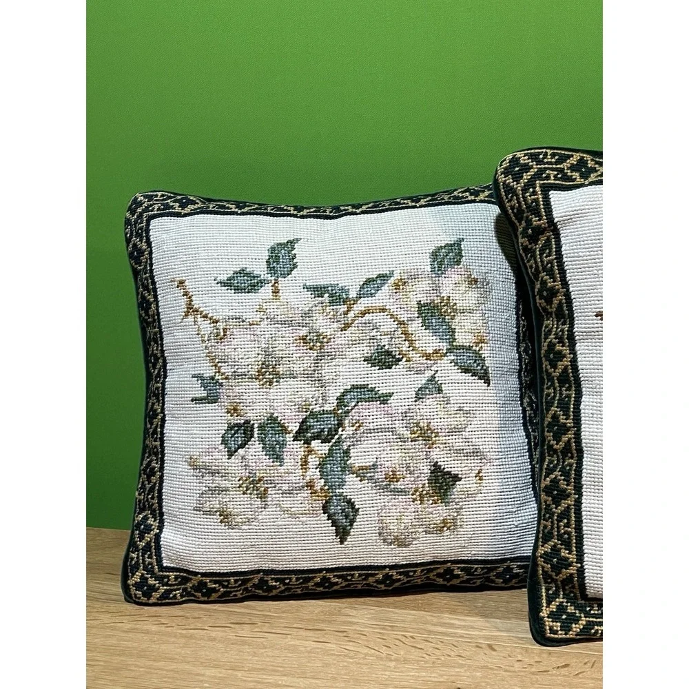 Needlepoint Magnolia & Dogwood Floral Pillow Green Velvet‎ Backing-Set 2 Vintage